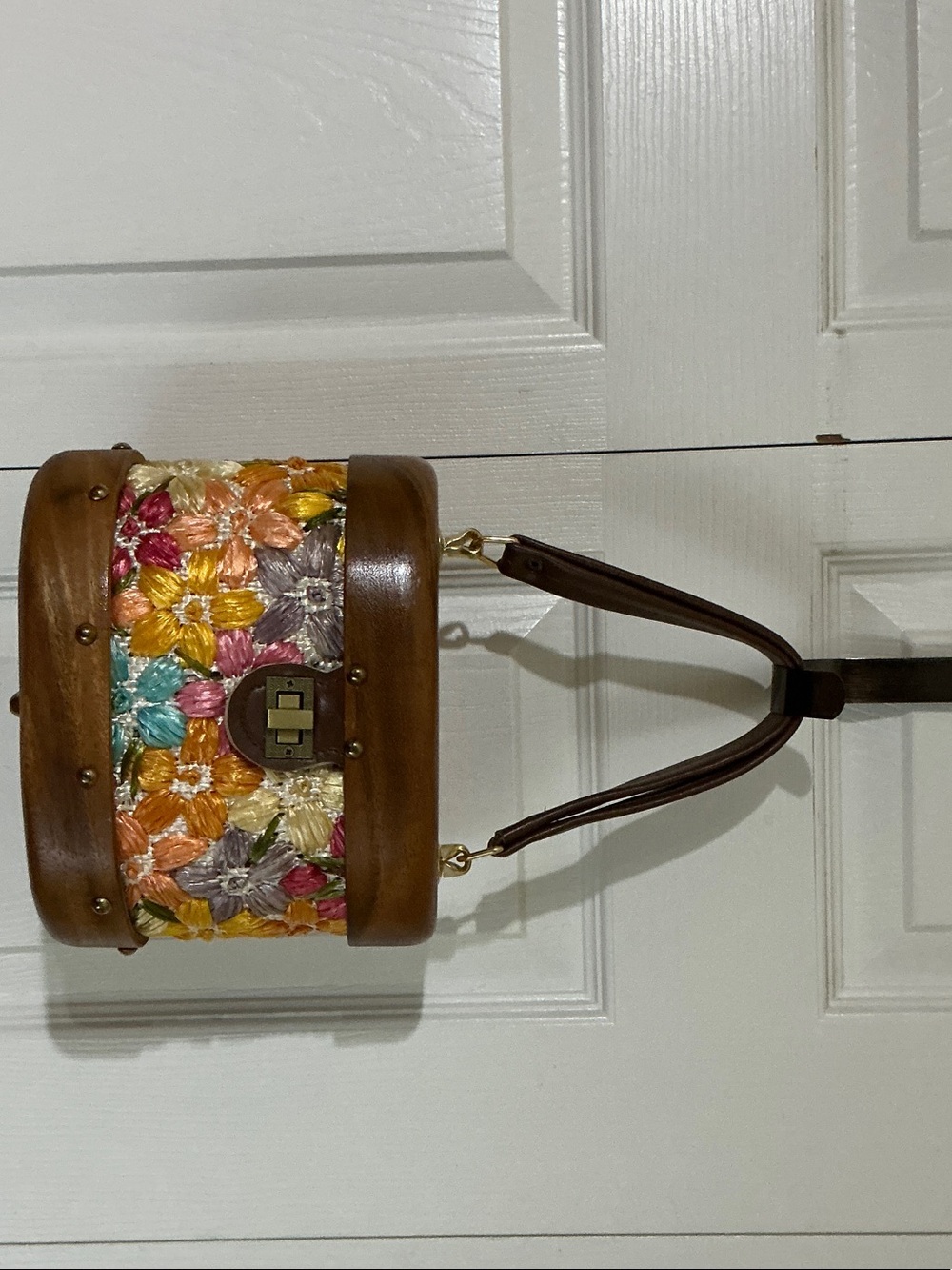 Vintage Multicolor Floral Embroidered Barrel Shoulder Bag with Brown Trim